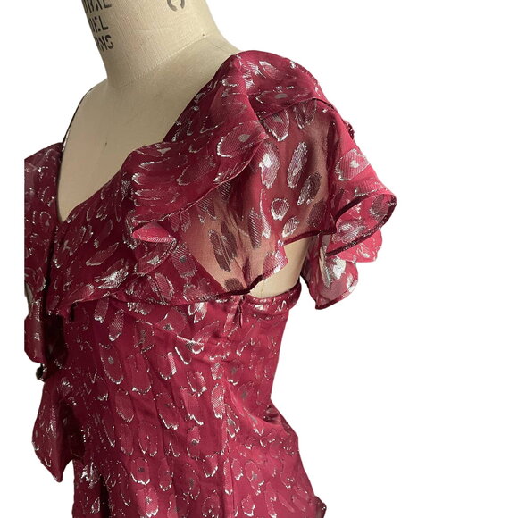 Veronica Beard Benton Leopard Burgundy & Silver Ruffle Top Blouse Size 4 - Picture 5 of 8